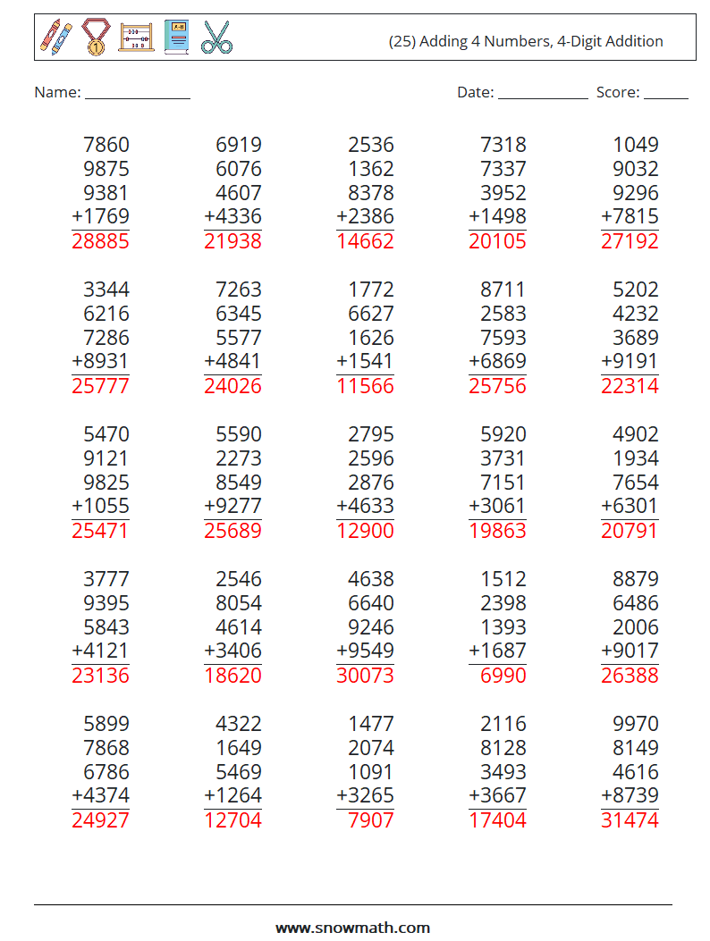 (25) Adding 4 Numbers, 4-Digit Addition Maths Worksheets 17 Question, Answer