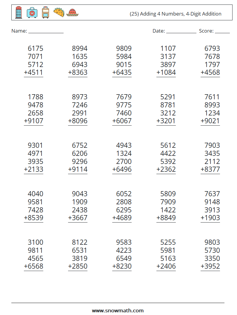 (25) Adding 4 Numbers, 4-Digit Addition Maths Worksheets 18