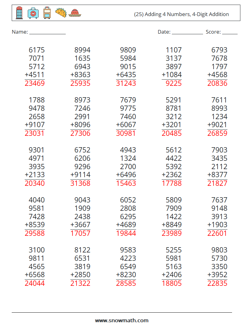 (25) Adding 4 Numbers, 4-Digit Addition Maths Worksheets 18 Question, Answer