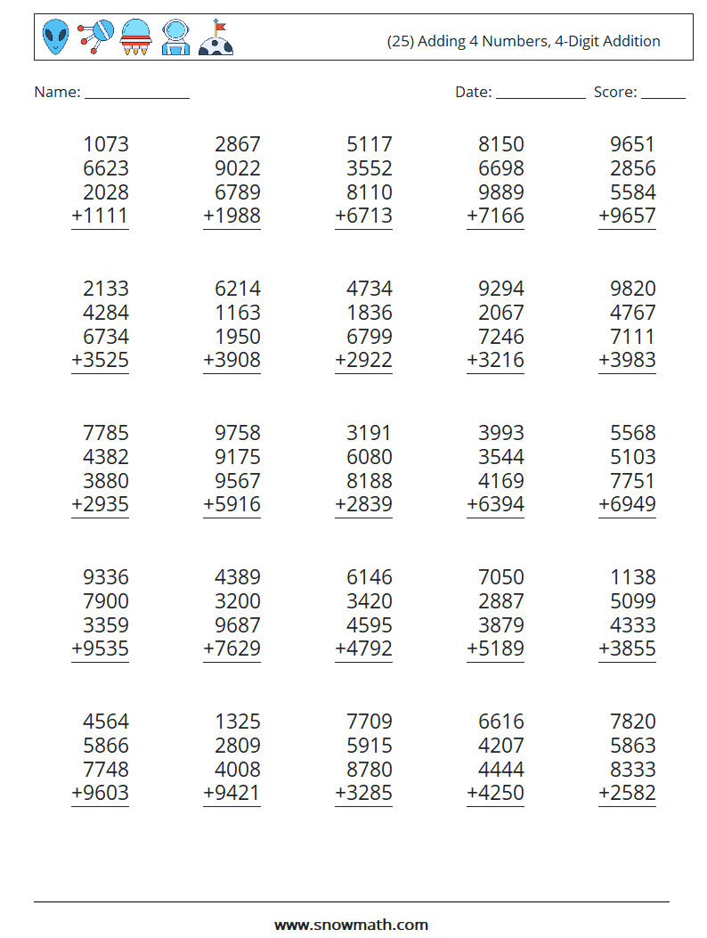 (25) Adding 4 Numbers, 4-Digit Addition Maths Worksheets 3