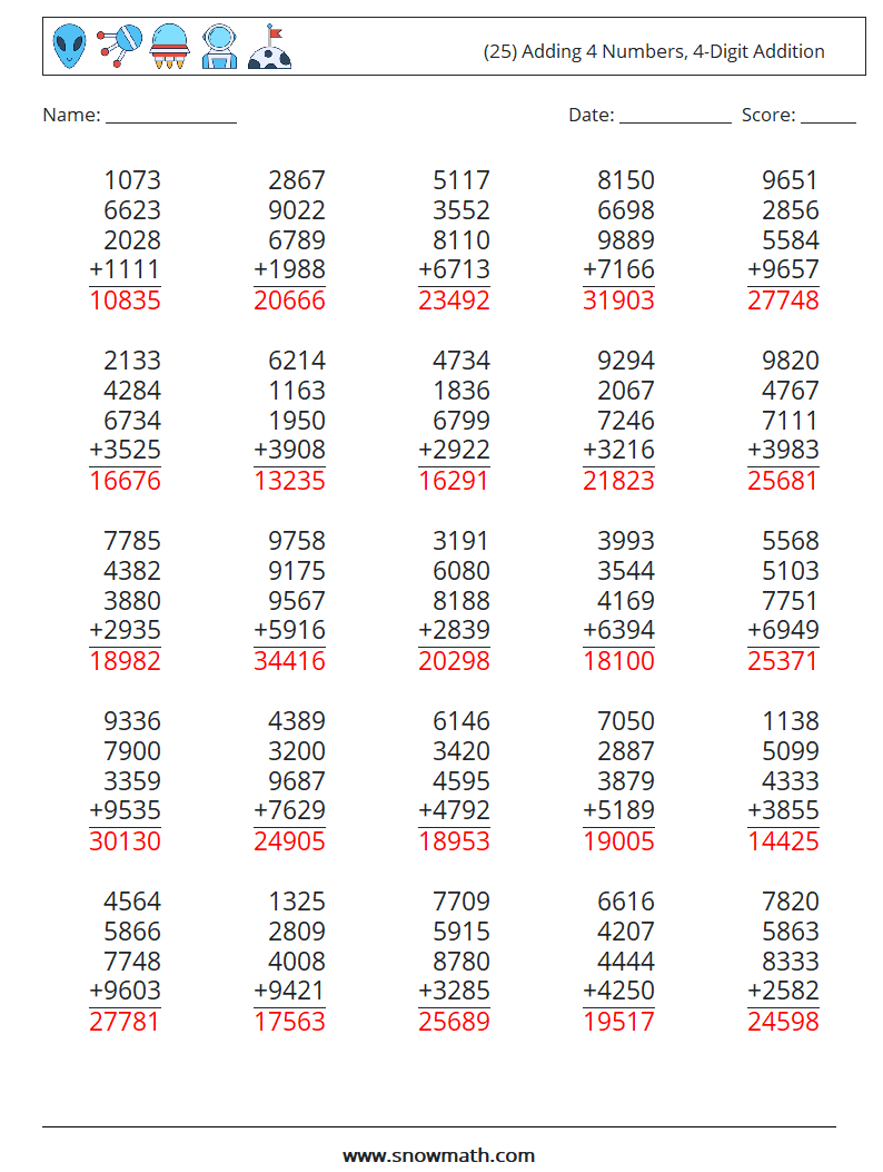 (25) Adding 4 Numbers, 4-Digit Addition Maths Worksheets 3 Question, Answer