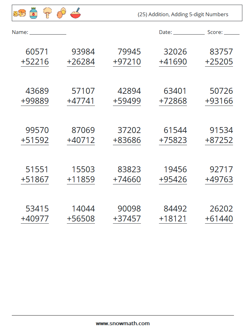 (25) Addition, Adding 5-digit Numbers Maths Worksheets 17