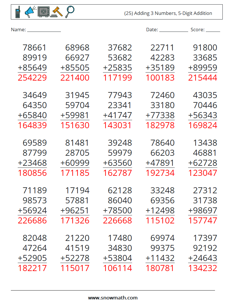 (25) Adding 3 Numbers, 5-Digit Addition Maths Worksheets 12 Question, Answer