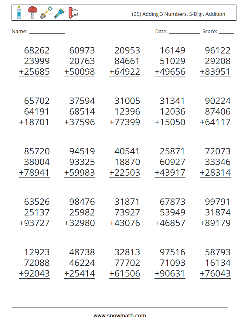 (25) Adding 3 Numbers, 5-Digit Addition Maths Worksheets 14