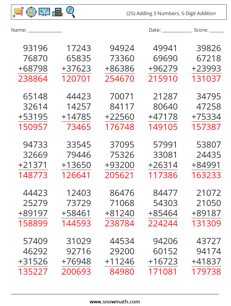 (25) Adding 3 Numbers, 5-Digit Addition Maths Worksheets 16 Question, Answer