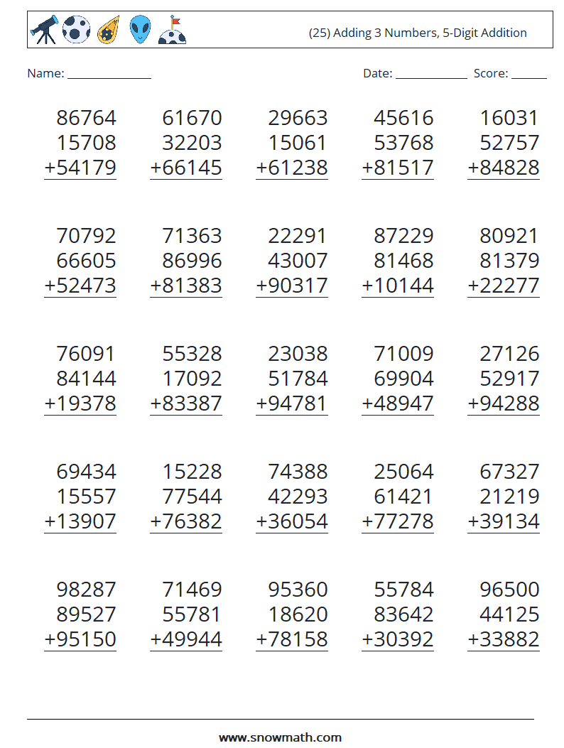 (25) Adding 3 Numbers, 5-Digit Addition Maths Worksheets 17