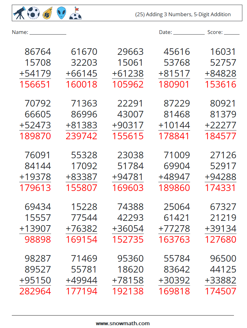 (25) Adding 3 Numbers, 5-Digit Addition Maths Worksheets 17 Question, Answer