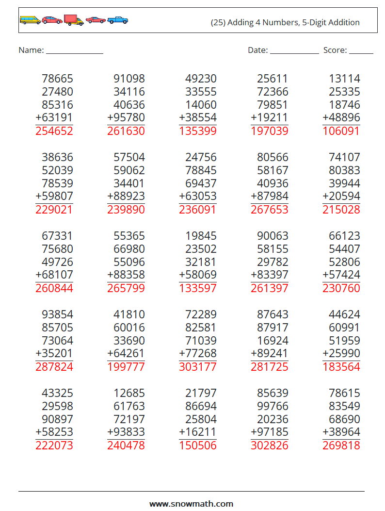 (25) Adding 4 Numbers, 5-Digit Addition Maths Worksheets 10 Question, Answer