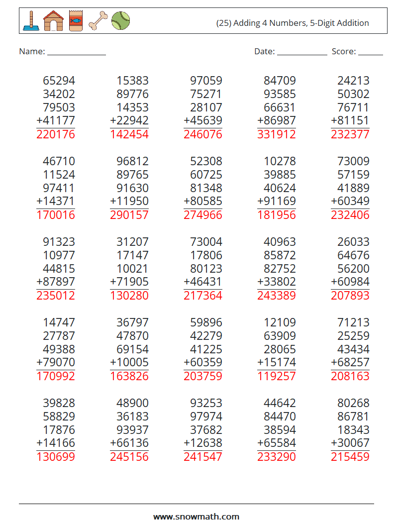 (25) Adding 4 Numbers, 5-Digit Addition Maths Worksheets 11 Question, Answer