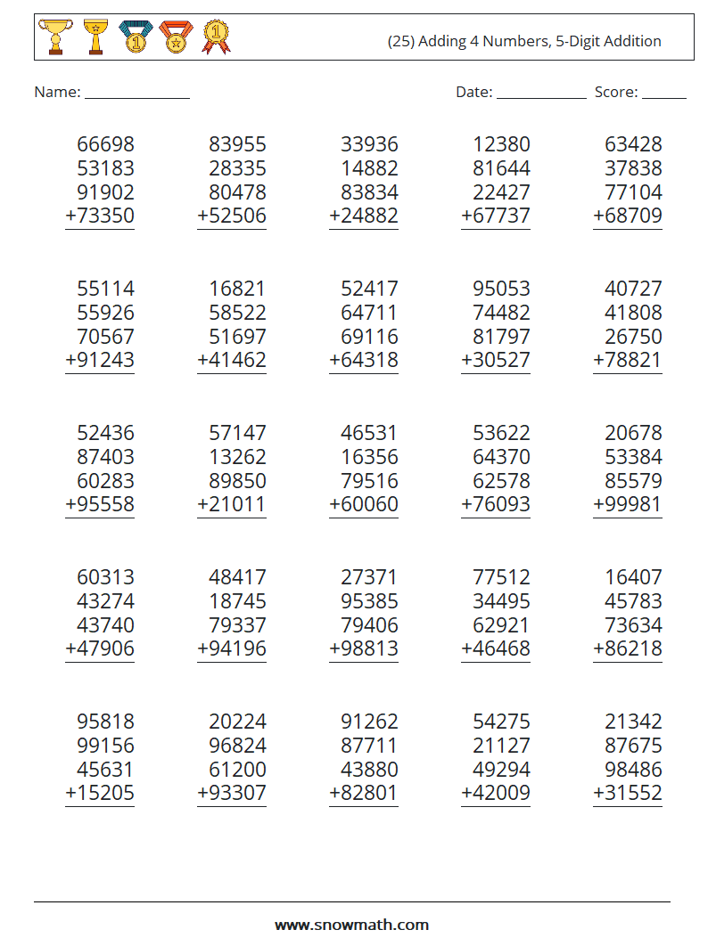 (25) Adding 4 Numbers, 5-Digit Addition Maths Worksheets 12