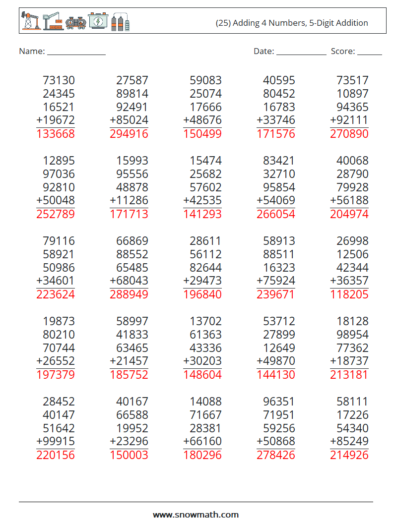 (25) Adding 4 Numbers, 5-Digit Addition Maths Worksheets 13 Question, Answer