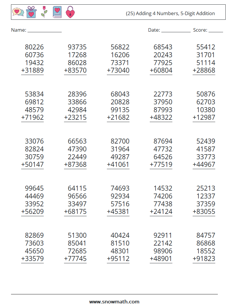 (25) Adding 4 Numbers, 5-Digit Addition Maths Worksheets 14