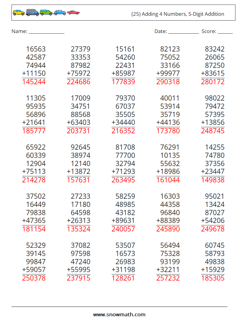 (25) Adding 4 Numbers, 5-Digit Addition Maths Worksheets 15 Question, Answer