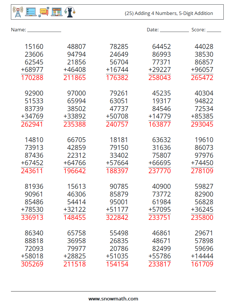 (25) Adding 4 Numbers, 5-Digit Addition Maths Worksheets 16 Question, Answer