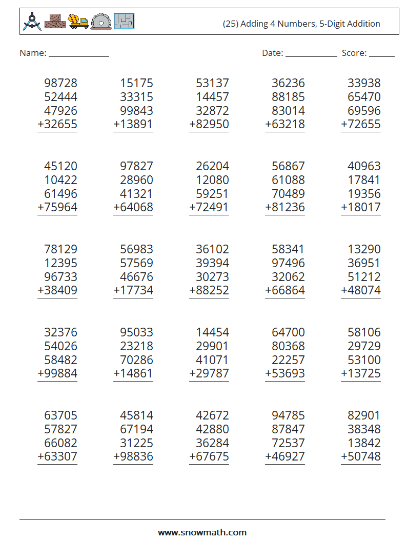 (25) Adding 4 Numbers, 5-Digit Addition Maths Worksheets 17