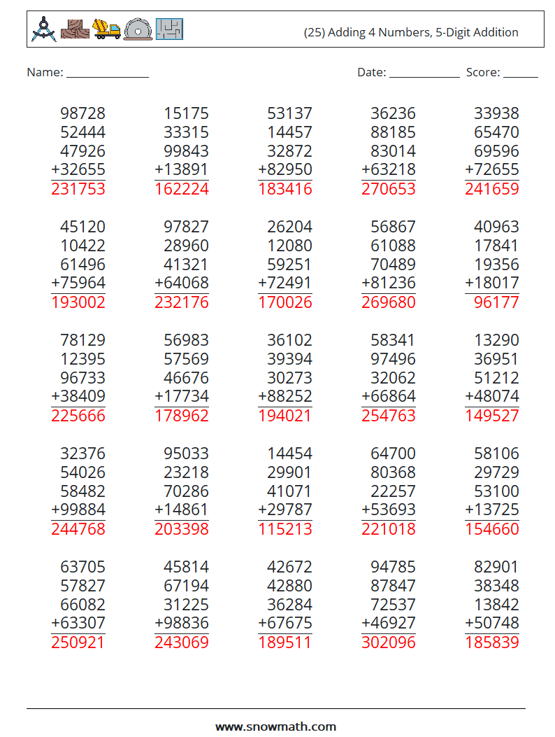 (25) Adding 4 Numbers, 5-Digit Addition Maths Worksheets 17 Question, Answer