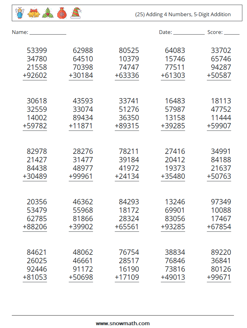 (25) Adding 4 Numbers, 5-Digit Addition Maths Worksheets 18