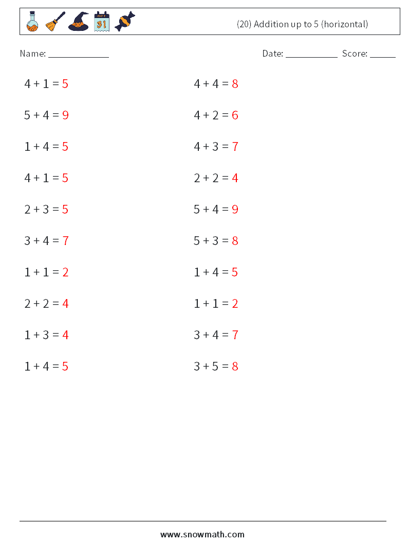 (20) Addition up to 5 (horizontal) Maths Worksheets 1 Question, Answer