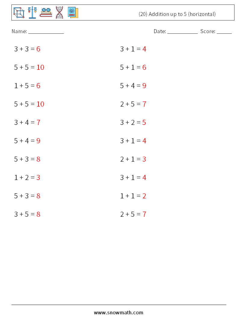 (20) Addition up to 5 (horizontal) Maths Worksheets 2 Question, Answer