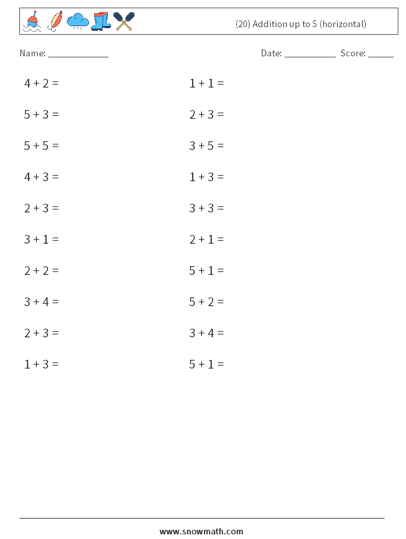 (20) Addition up to 5 (horizontal) Maths Worksheets 3