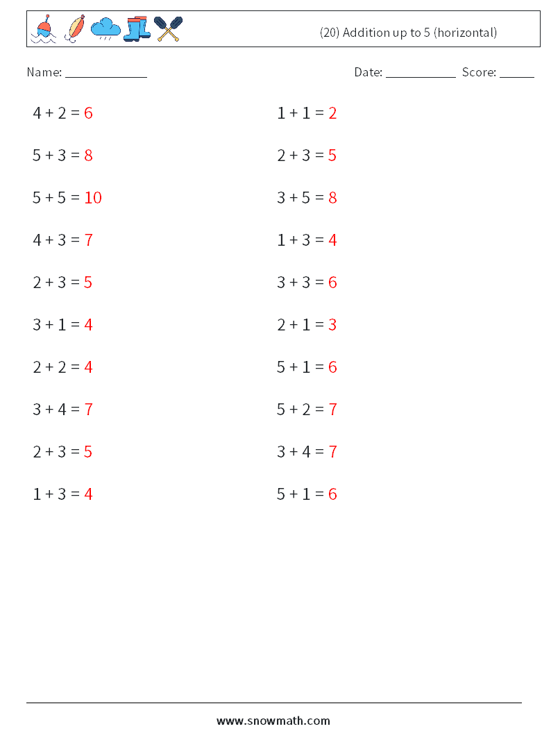 (20) Addition up to 5 (horizontal) Maths Worksheets 3 Question, Answer