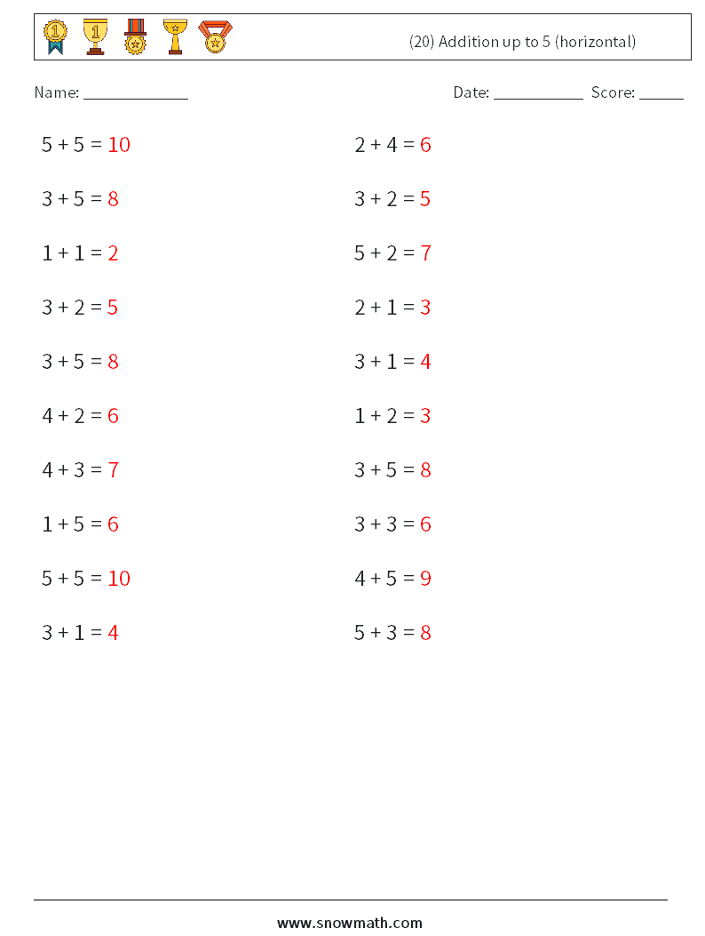 (20) Addition up to 5 (horizontal) Maths Worksheets 4 Question, Answer