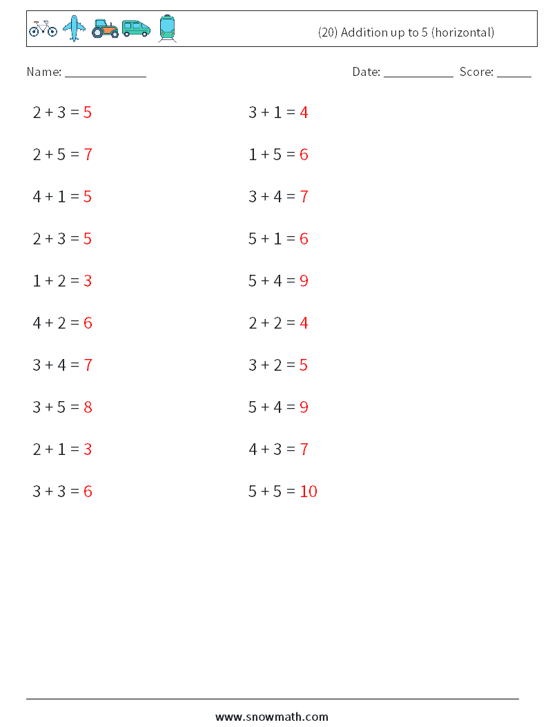(20) Addition up to 5 (horizontal) Maths Worksheets 5 Question, Answer