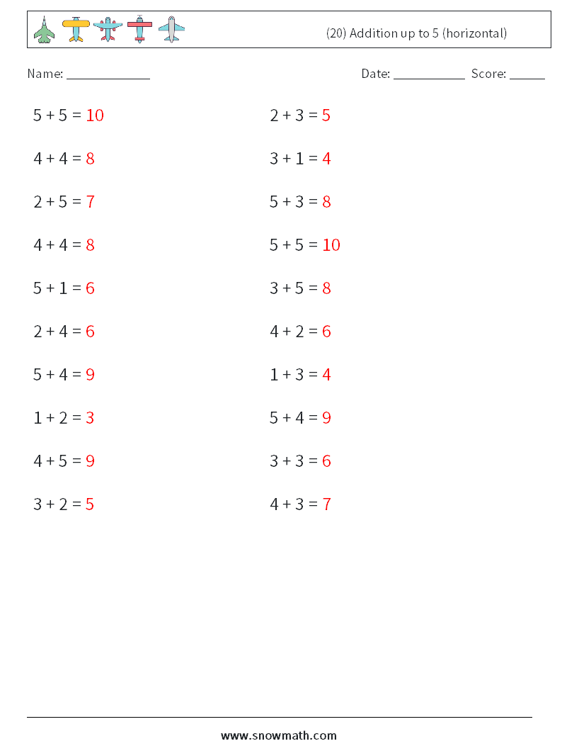 (20) Addition up to 5 (horizontal) Maths Worksheets 6 Question, Answer