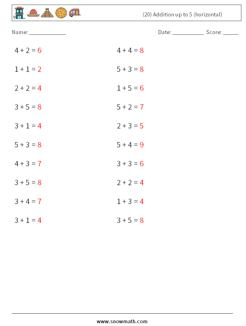 (20) Addition up to 5 (horizontal) Maths Worksheets 7 Question, Answer