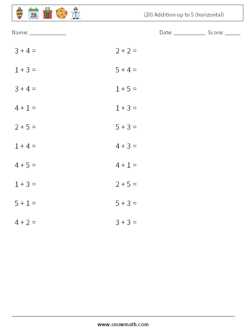 (20) Addition up to 5 (horizontal) Maths Worksheets 8