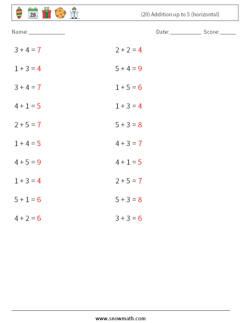 (20) Addition up to 5 (horizontal) Maths Worksheets 8 Question, Answer