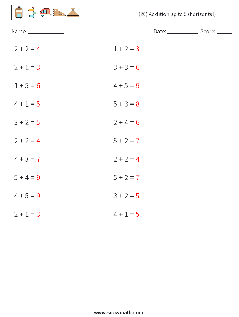 (20) Addition up to 5 (horizontal) Maths Worksheets 9 Question, Answer
