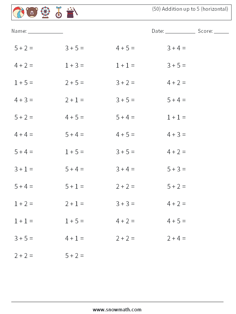 (50) Addition up to 5 (horizontal) Maths Worksheets 1