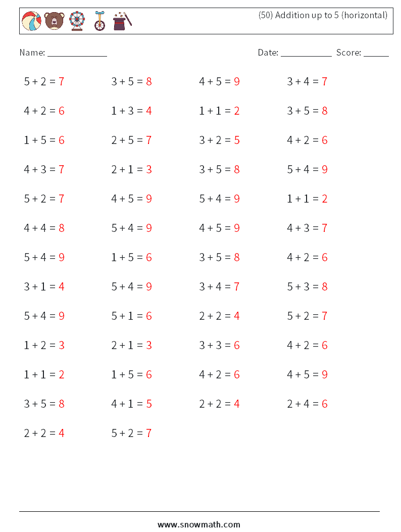 (50) Addition up to 5 (horizontal) Maths Worksheets 1 Question, Answer