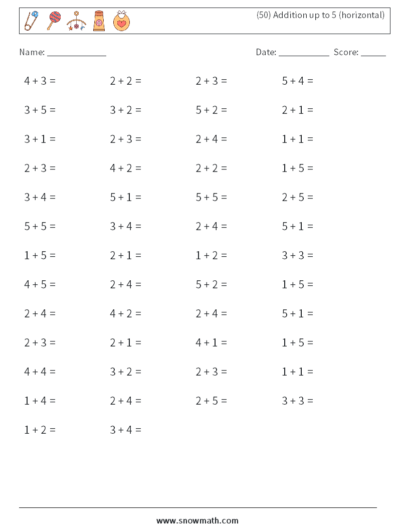 (50) Addition up to 5 (horizontal) Maths Worksheets 2