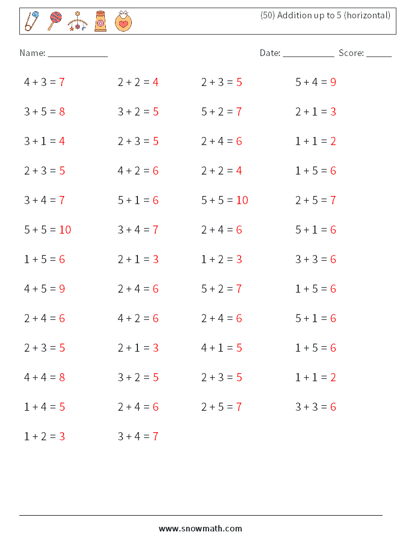 (50) Addition up to 5 (horizontal) Maths Worksheets 2 Question, Answer