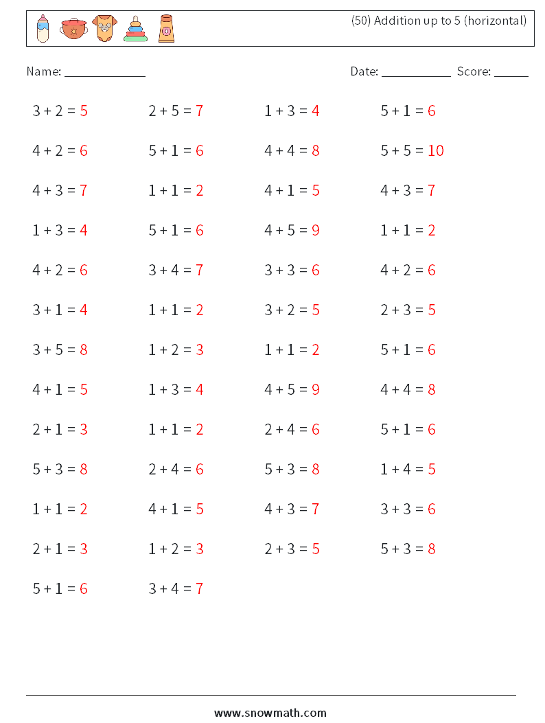 (50) Addition up to 5 (horizontal) Maths Worksheets 3 Question, Answer