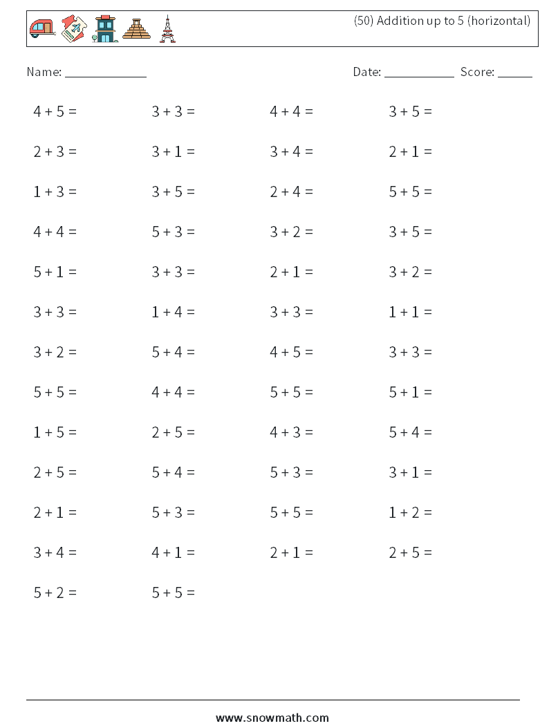 (50) Addition up to 5 (horizontal) Maths Worksheets 4