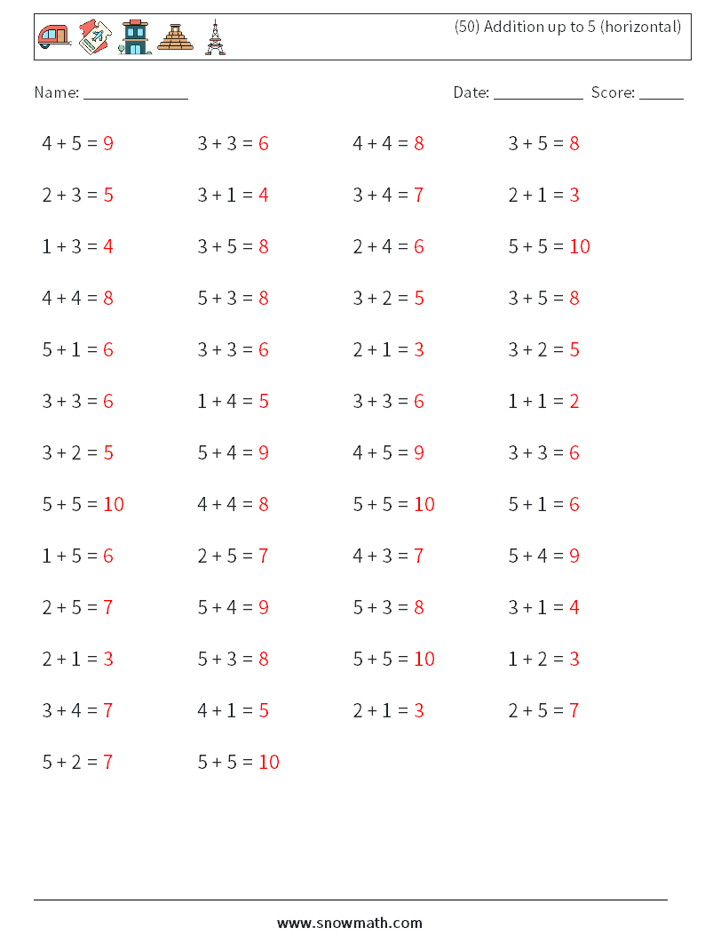 (50) Addition up to 5 (horizontal) Maths Worksheets 4 Question, Answer