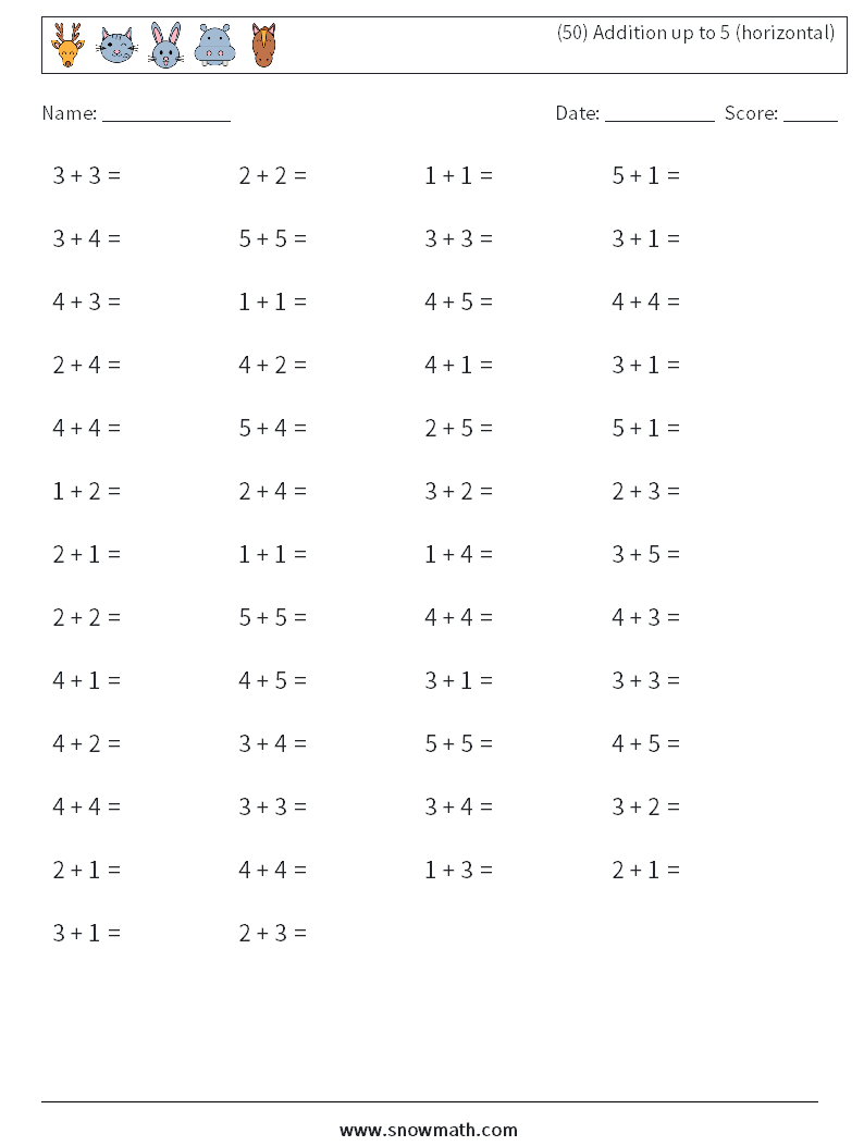 (50) Addition up to 5 (horizontal) Maths Worksheets 5
