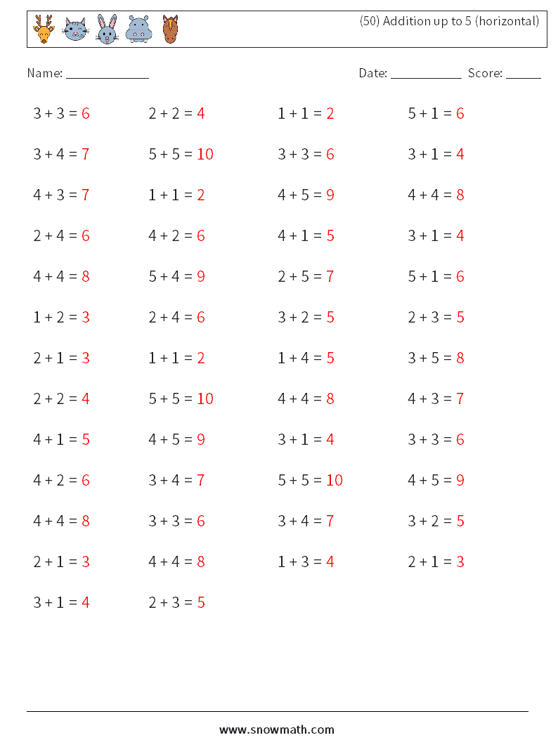 (50) Addition up to 5 (horizontal) Maths Worksheets 5 Question, Answer