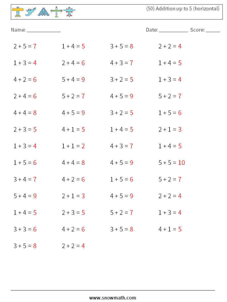 (50) Addition up to 5 (horizontal) Maths Worksheets 6 Question, Answer