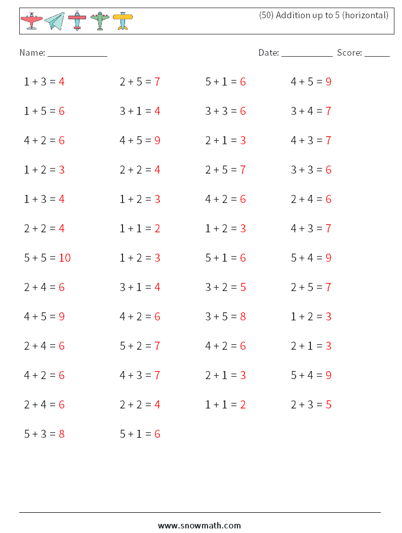 (50) Addition up to 5 (horizontal) Maths Worksheets 7 Question, Answer