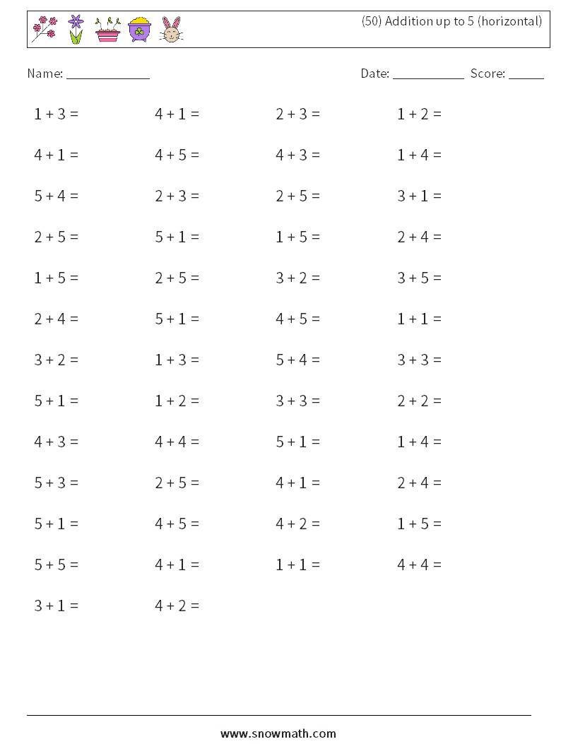 (50) Addition up to 5 (horizontal) Maths Worksheets 8