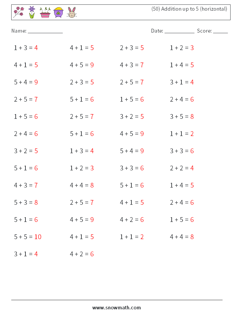 (50) Addition up to 5 (horizontal) Maths Worksheets 8 Question, Answer