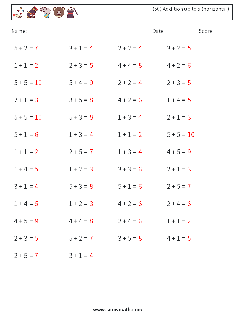 (50) Addition up to 5 (horizontal) Maths Worksheets 9 Question, Answer