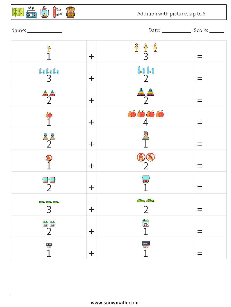 Addition with pictures up to 5 Maths Worksheets 11