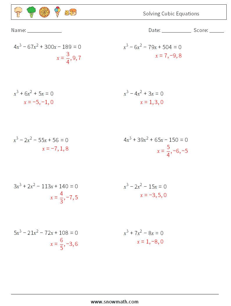 Solving Cubic Equations Maths Worksheets 1 Question, Answer