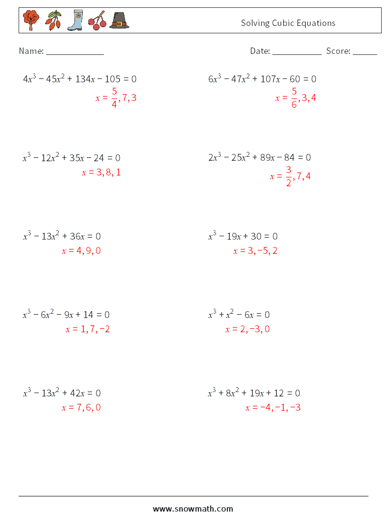 Solving Cubic Equations Maths Worksheets 2 Question, Answer