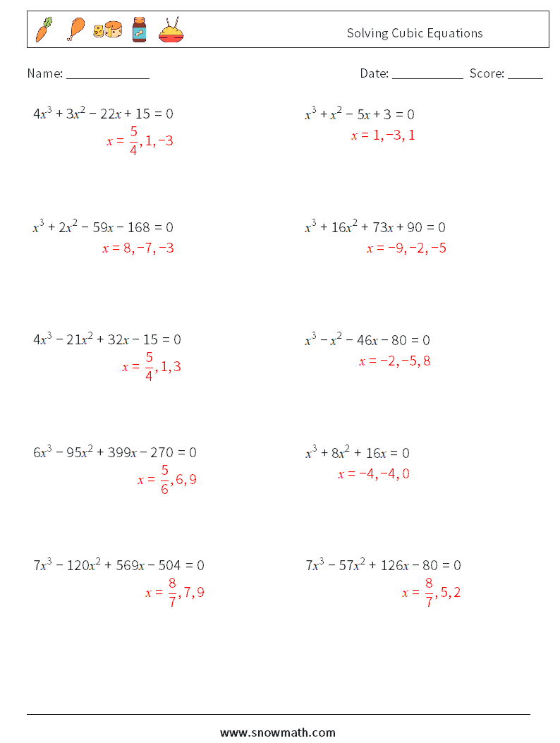 Solving Cubic Equations Maths Worksheets 3 Question, Answer